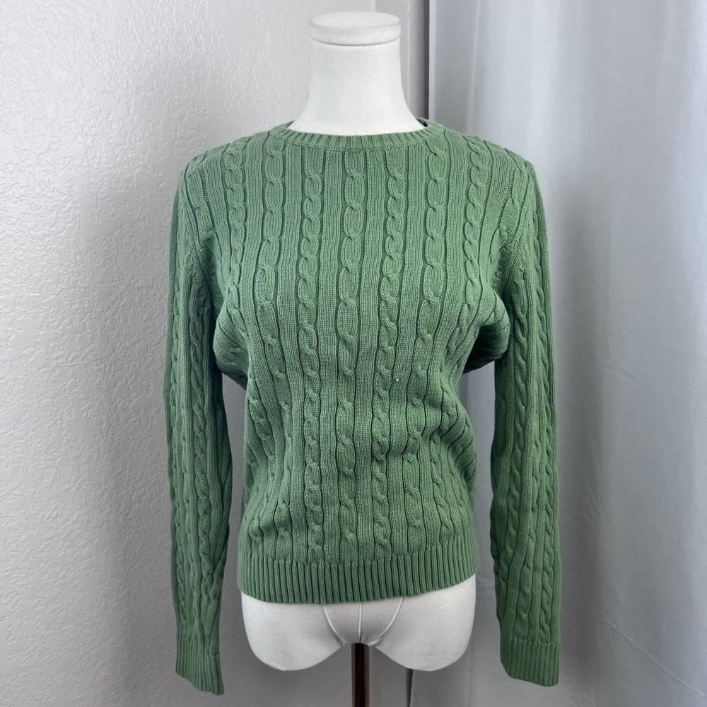 Y2K Cable Knit Sweater Womens Small Green Cotton Academia Minimal Preppy Coastal